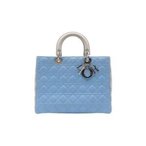 Christian Dior Large Lady Dior Lambskin Cannage Handbag In Light Blue